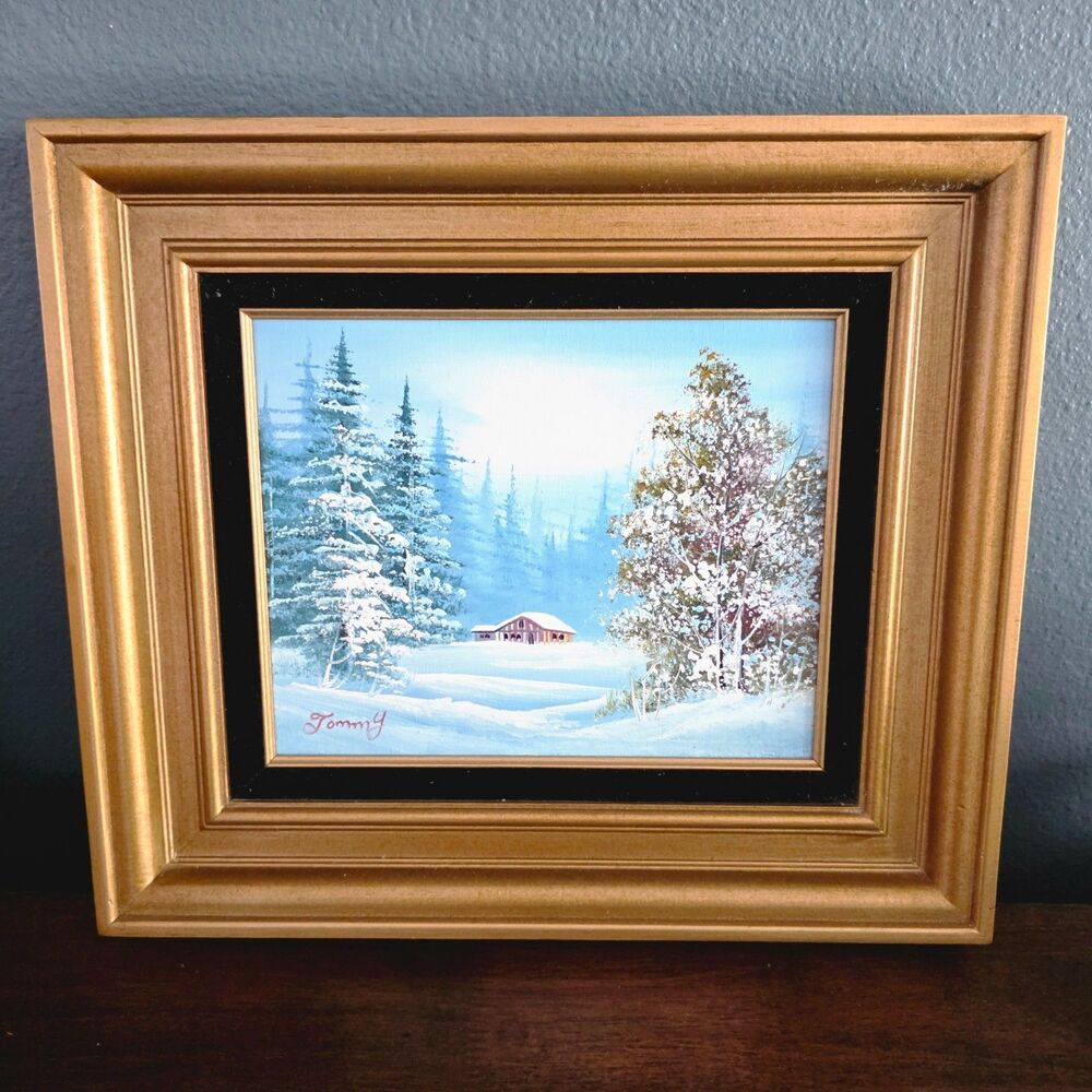 Vintage Signed And Framed Oil Painting Winter Scene Landscape w/ House 15"x13"